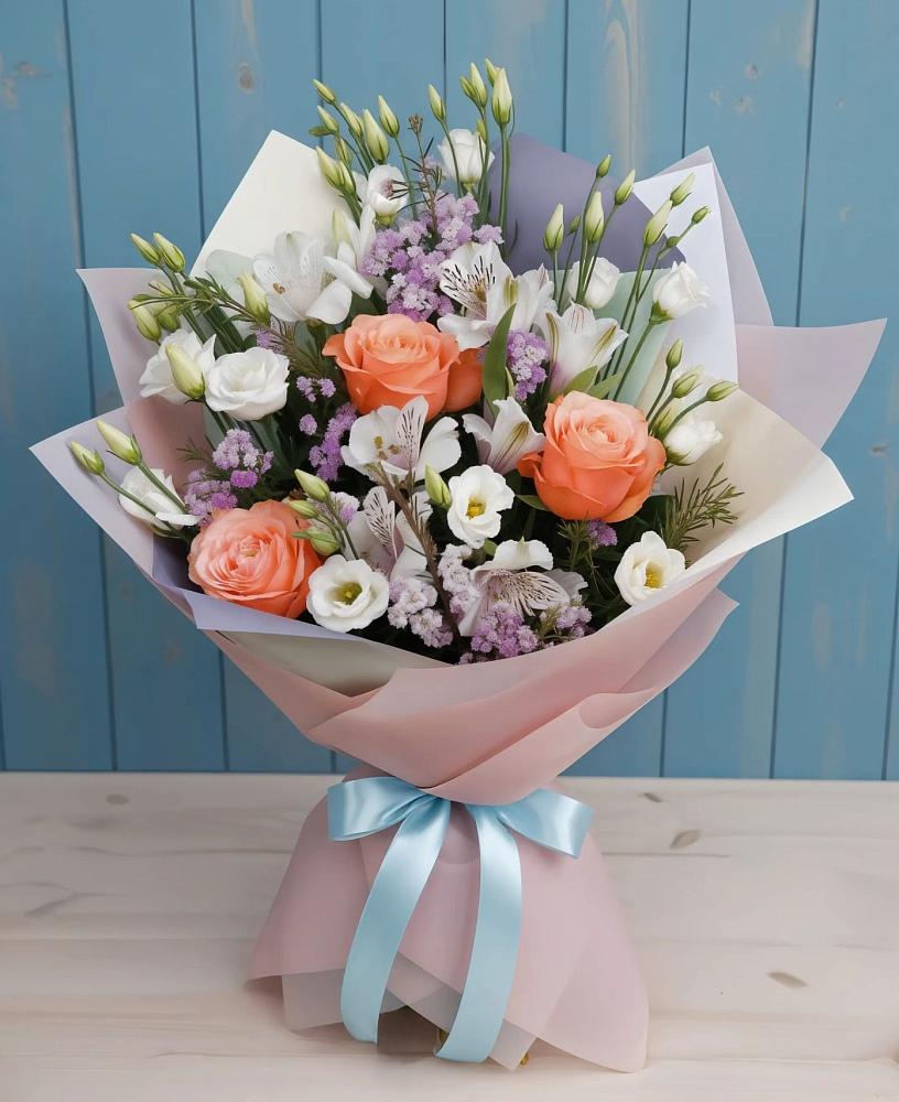 Букет цветов из: Лизиантусы, Розы, Альстромерии и Гипсофила в Раменском