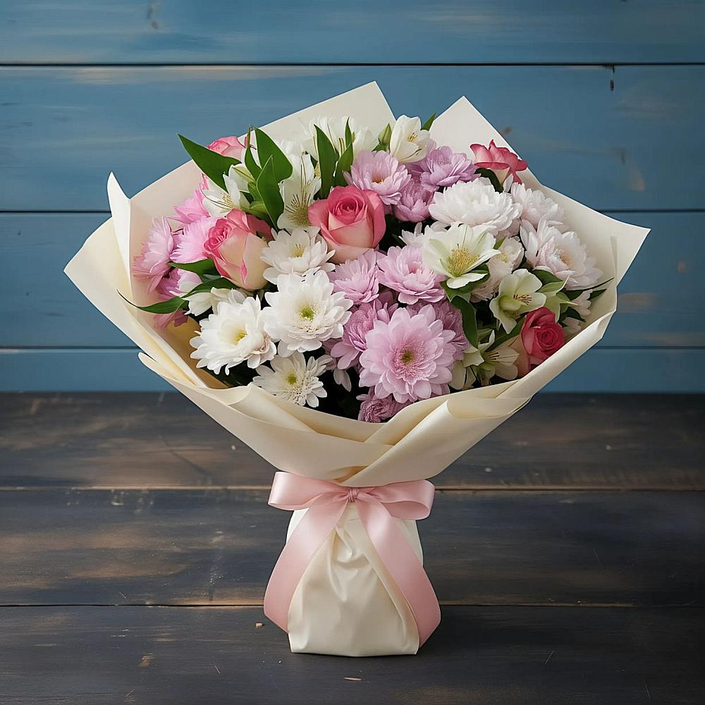 Букет цветов из: Хризантемы, Альстромерии и Розы в Раменском